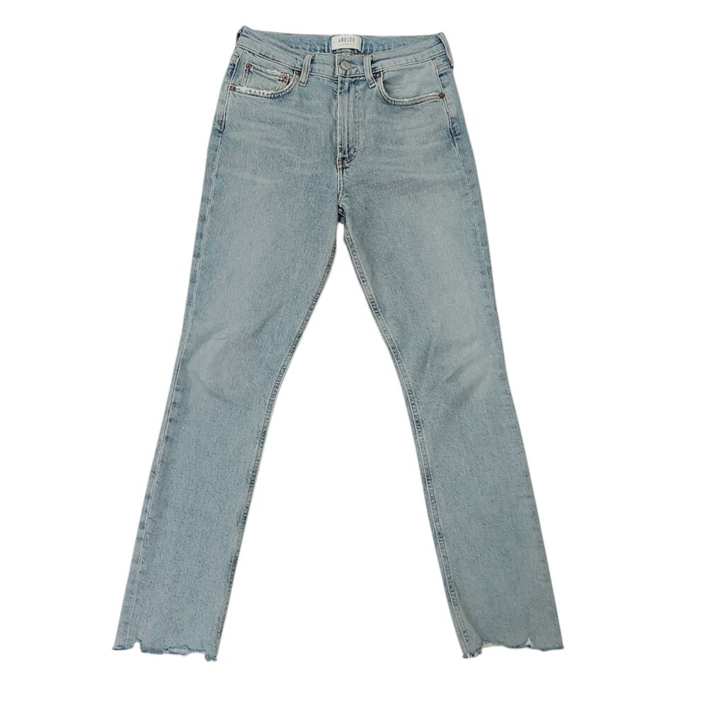 AGOLDE Merrel Mid Rise Slim Straight Jeans Womens 25 Light Blue Raw Hem Stretch
